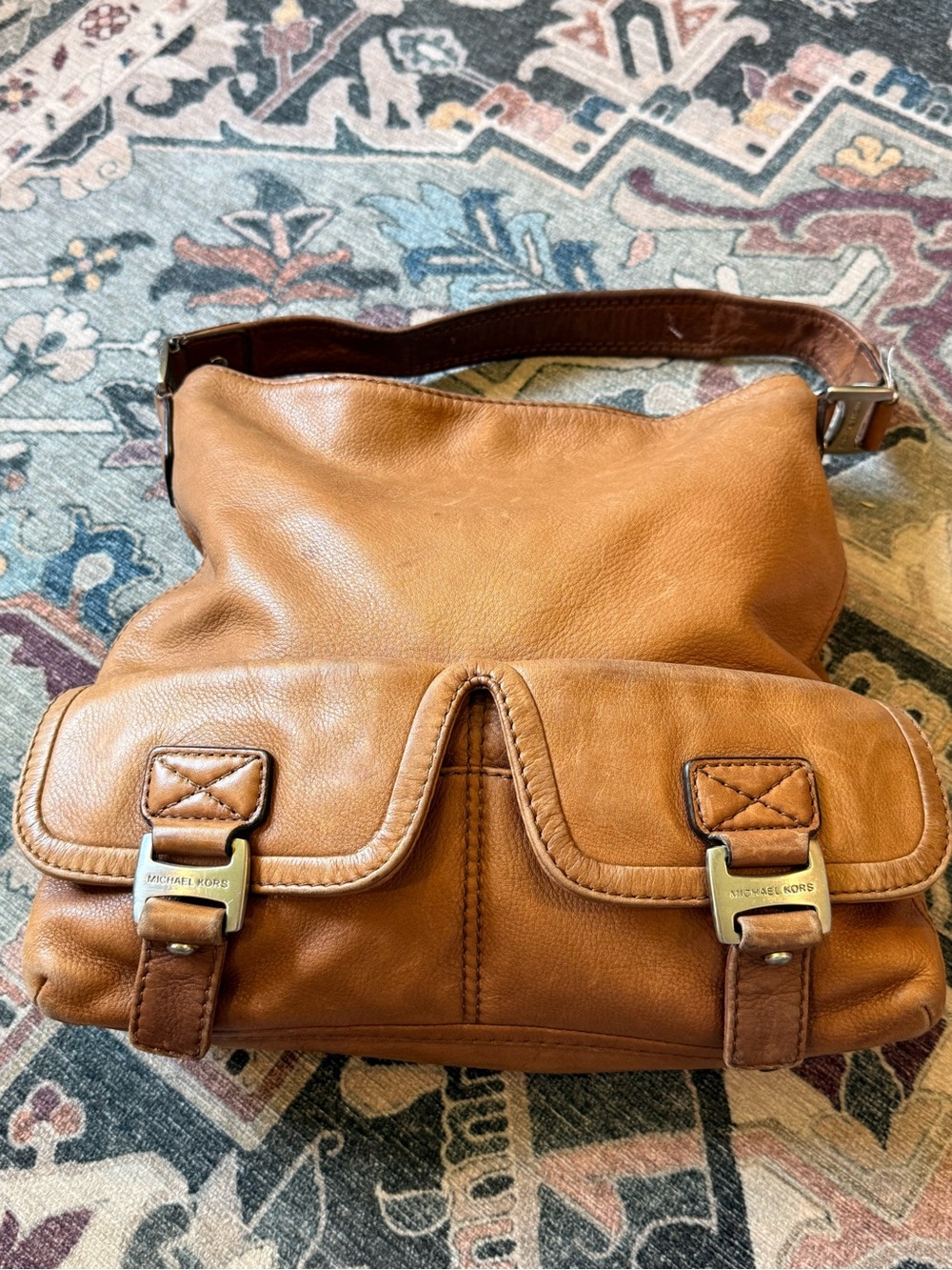 Michael Kors Tan Leather Hobo Shoulder Bag with Buckle Accents